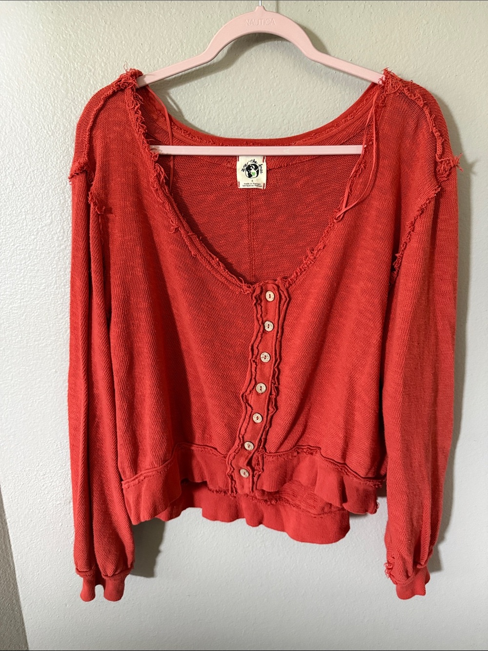 We The Free Raw-Edge Button-Front Sweatshirt in Coral Red